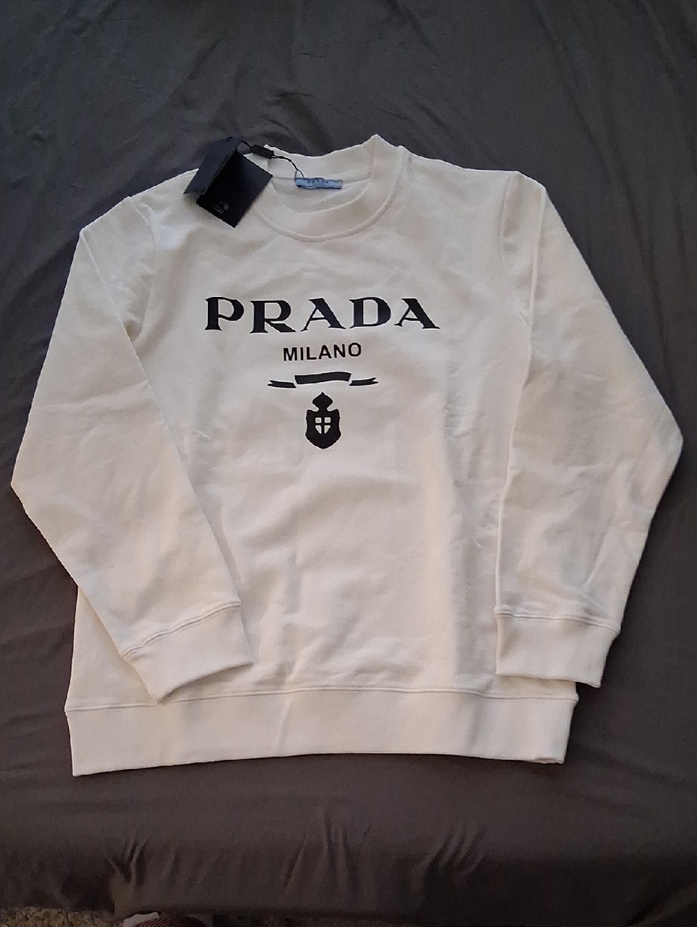 Prada White Crewneck Sweatshirt with Black Milano Emblem